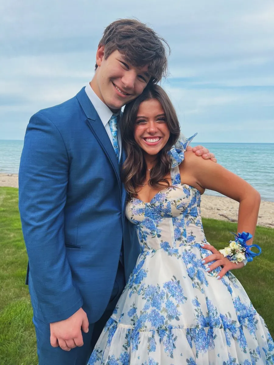 A-line Blue Floral Print Long Prom Dress,Blue Evening Dress  Y2560