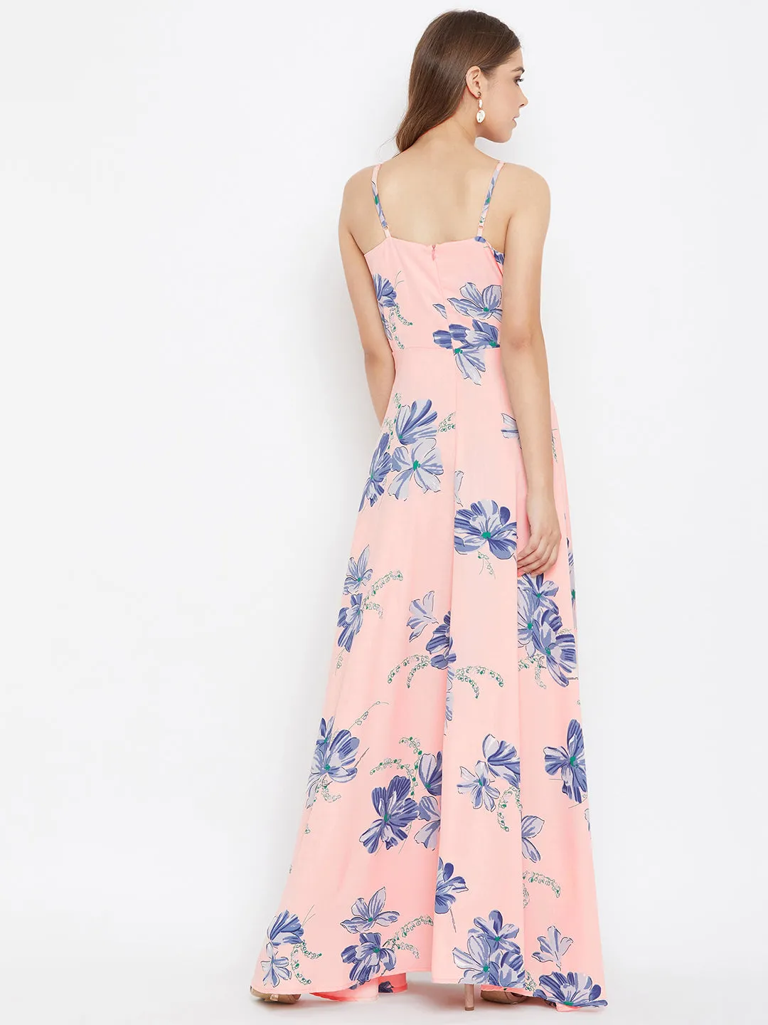 Berrylush Women Pink & Blue Floral Printed V-Neck Flared Maxi Dress