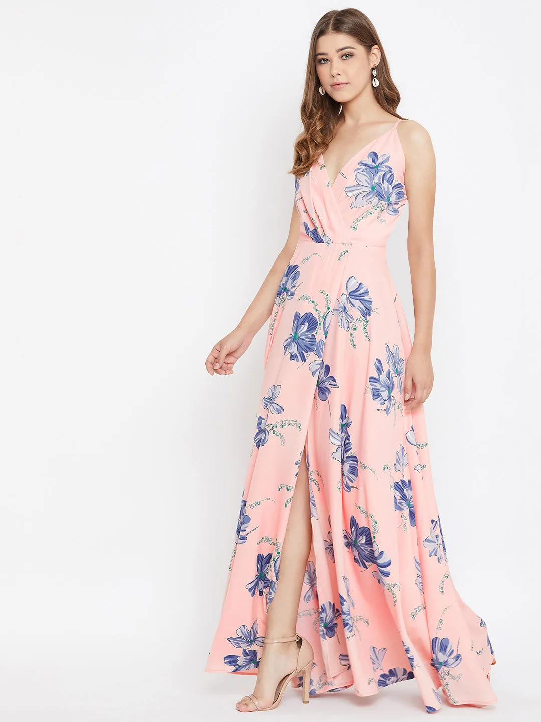 Berrylush Women Pink & Blue Floral Printed V-Neck Flared Maxi Dress