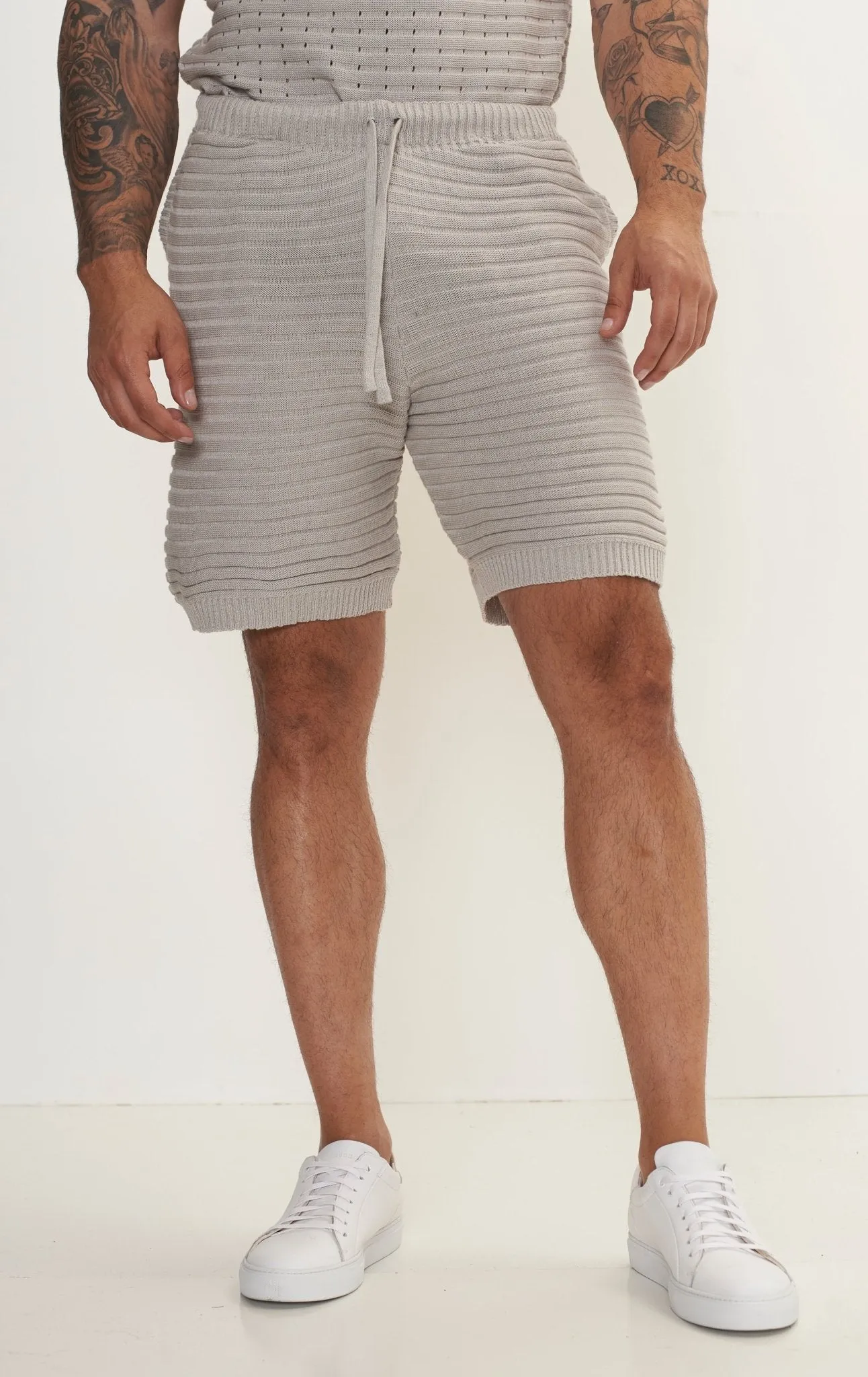 Eyelet short sleeve Knit Top and Shorts Set - Grey