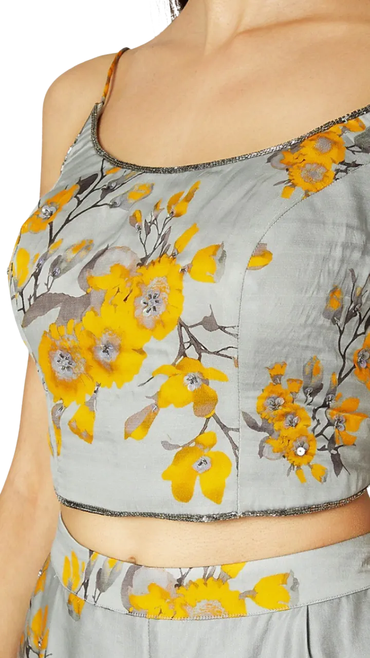 Grey and Yellow Printed Embroidered Cape Set