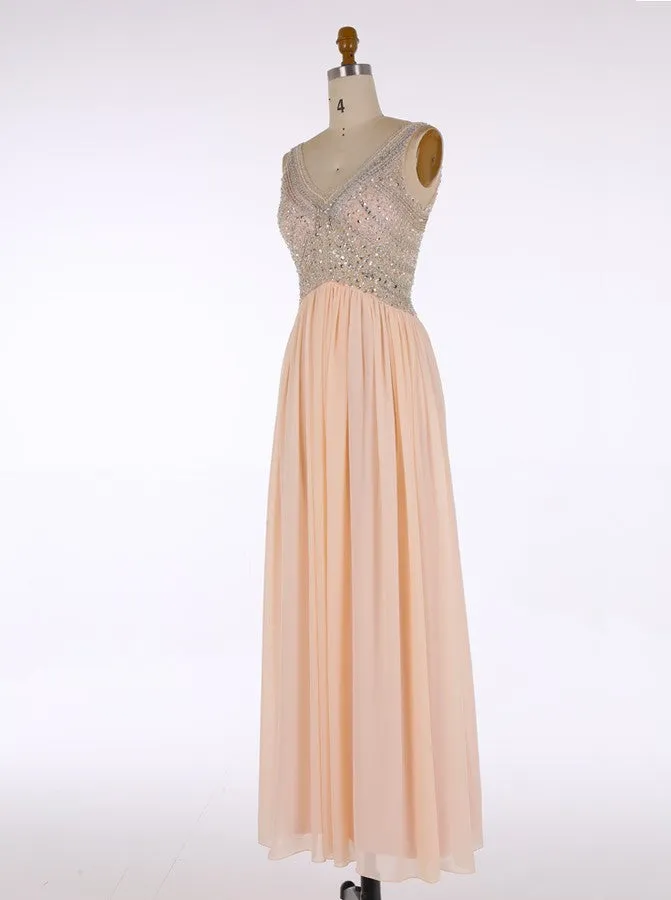 Hot Selling A-line V-neck Floor-Length Chiffon Long Blush Bridesmaid Dress Beaded Blush Pink Evening/Prom/Homecoming Dress