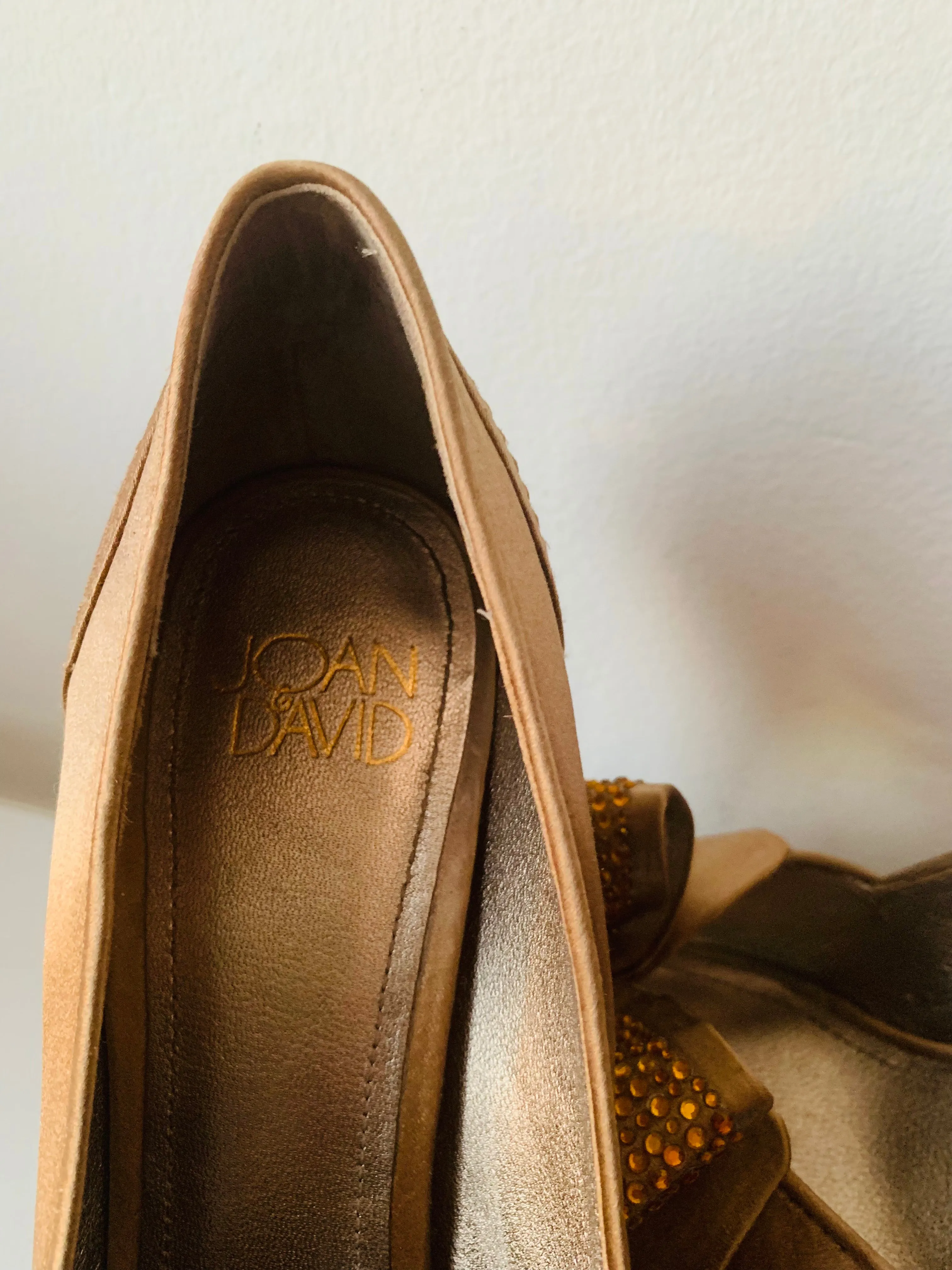 Joan David Bronze Satin Gold Beaded Bow Peep Toe Pumps Size 7.5