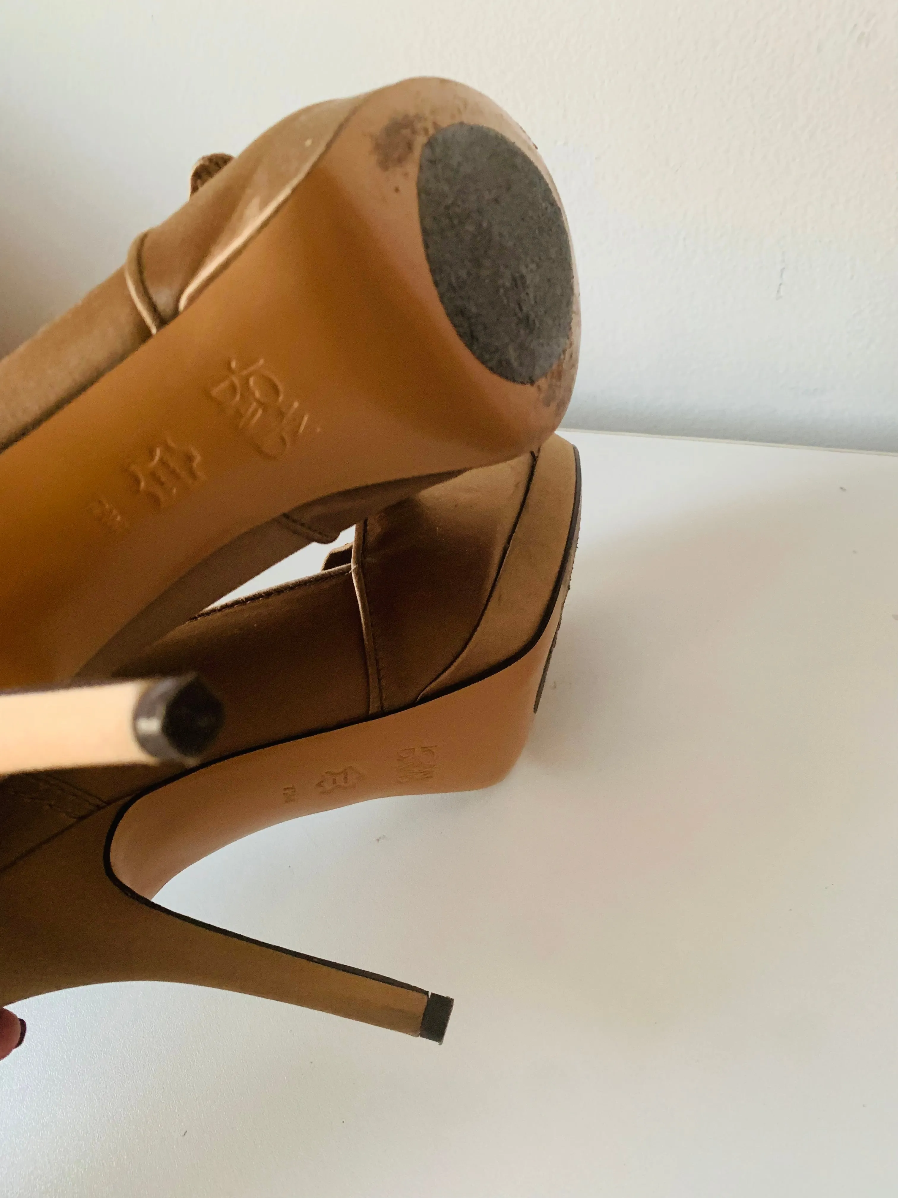 Joan David Bronze Satin Gold Beaded Bow Peep Toe Pumps Size 7.5