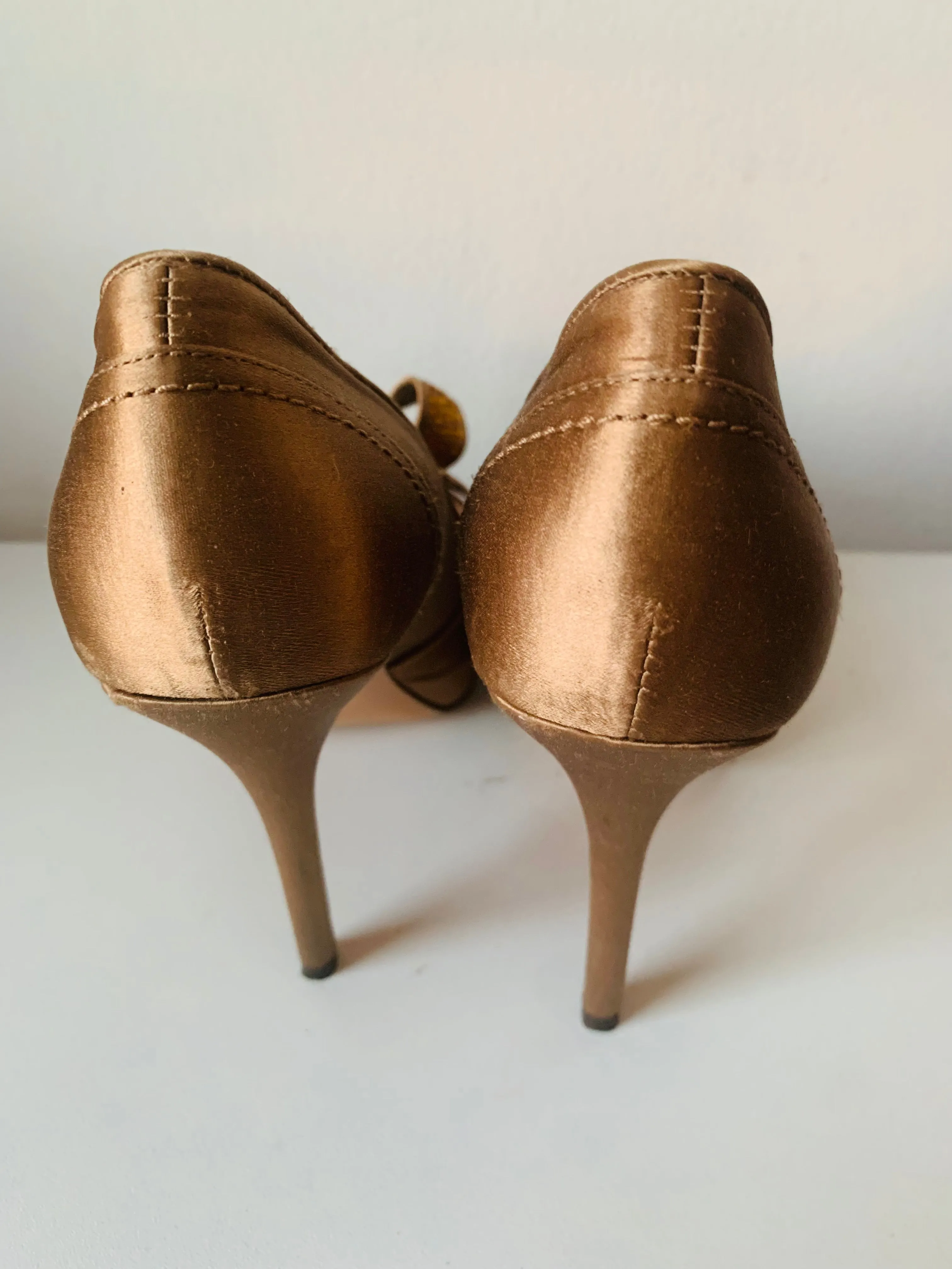 Joan David Bronze Satin Gold Beaded Bow Peep Toe Pumps Size 7.5