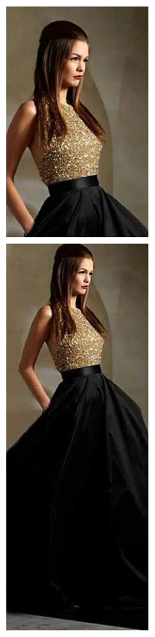 Long Gold Sequin Black A-line Ball Gown Sparkly Formal Prom Dress, PD10023