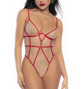 Mapale Sheer Contrast Strappy Underwire Teddy (8817) - Nude/Red