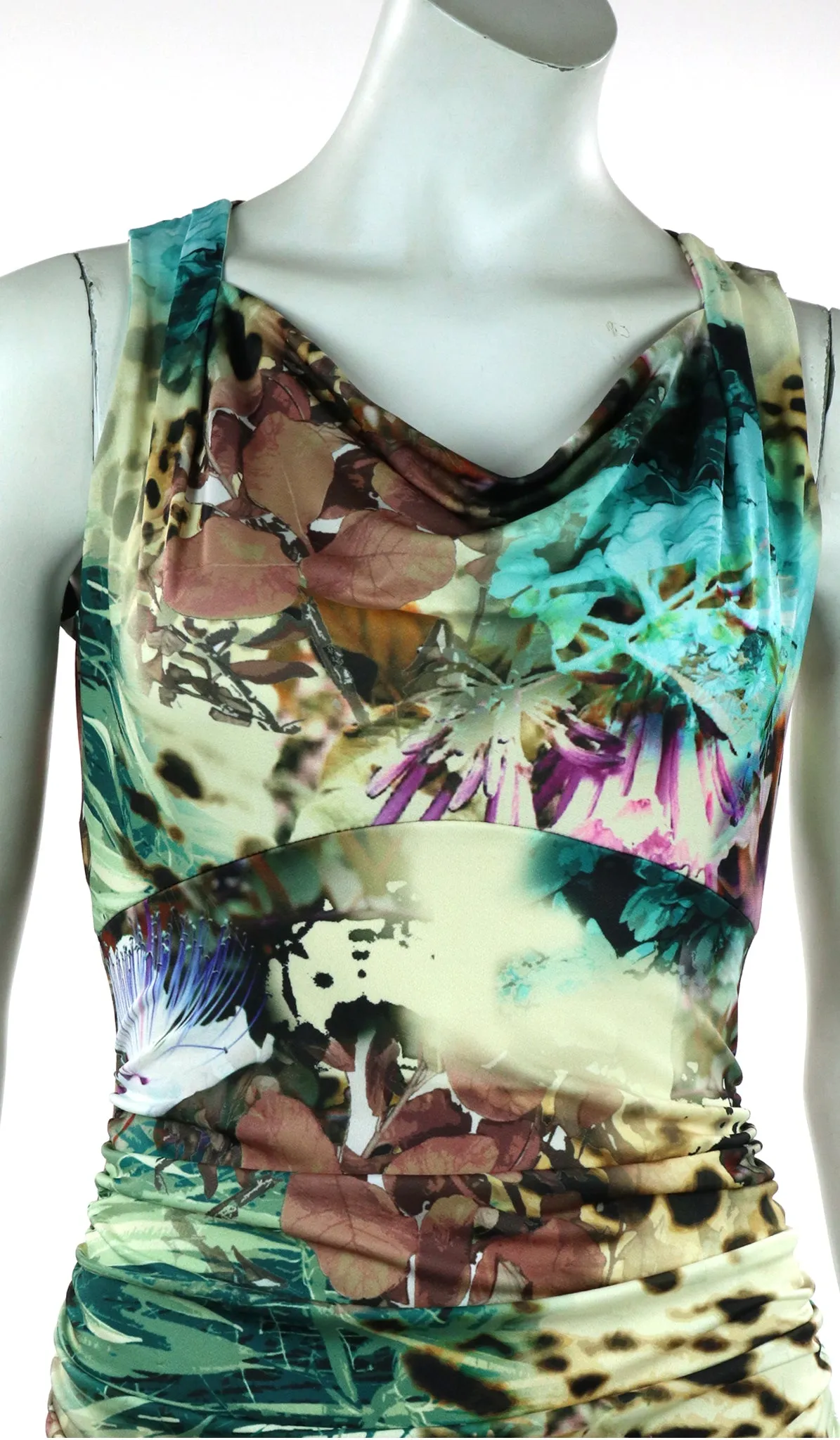 PAOLA Cowl Neck Sleeveless Ruched Knee Length Print Dress