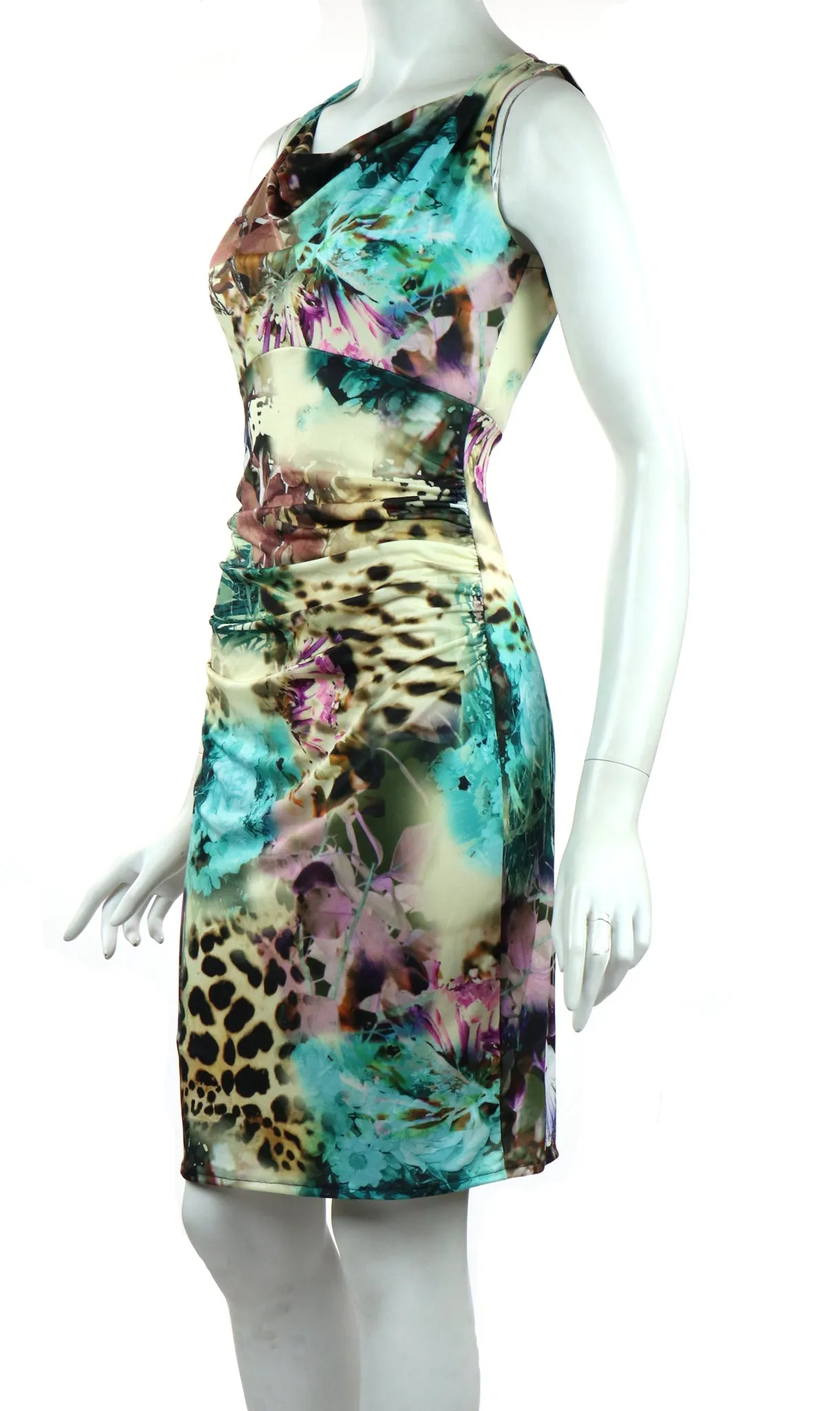 PAOLA Cowl Neck Sleeveless Ruched Knee Length Print Dress