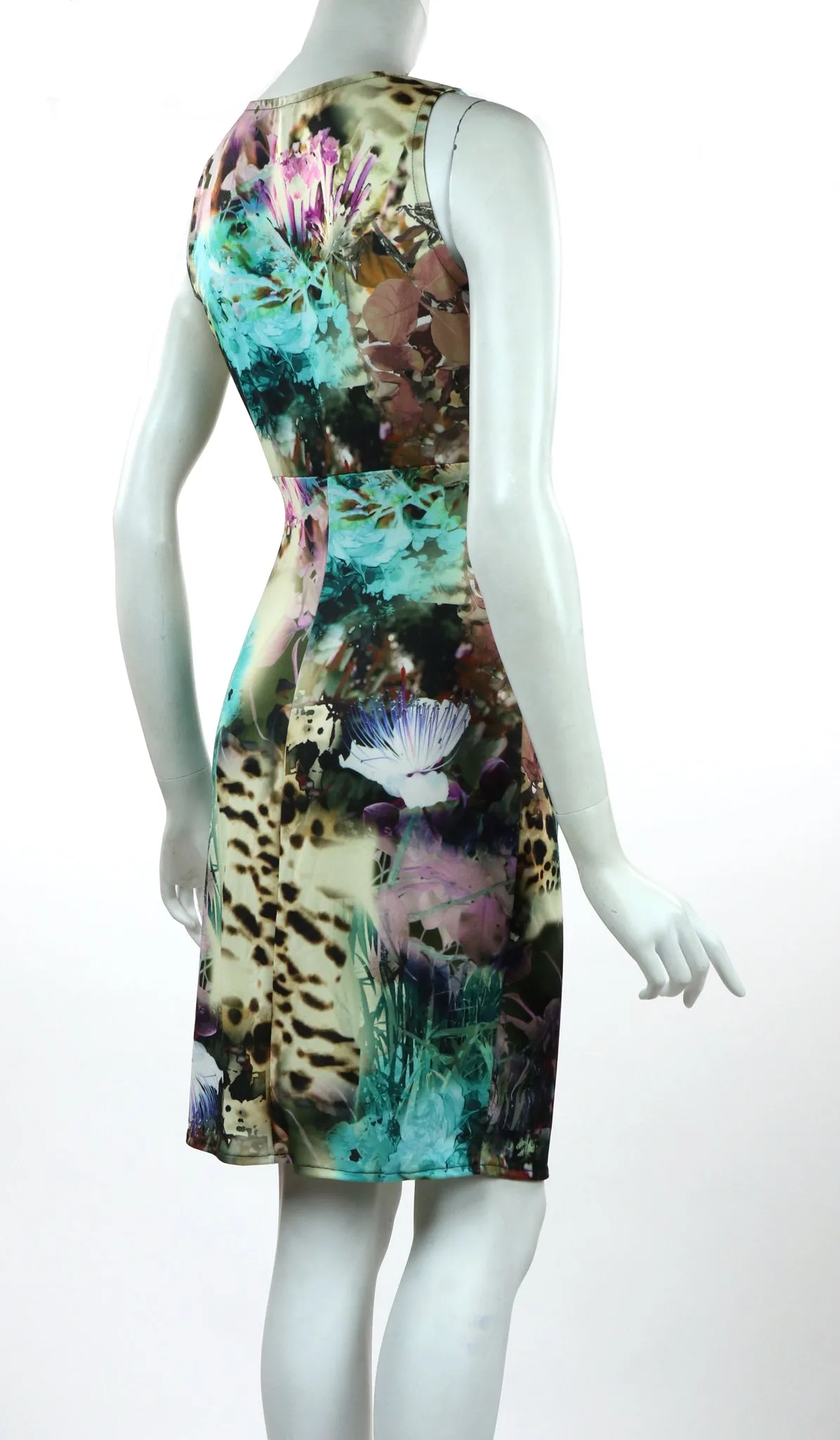 PAOLA Cowl Neck Sleeveless Ruched Knee Length Print Dress