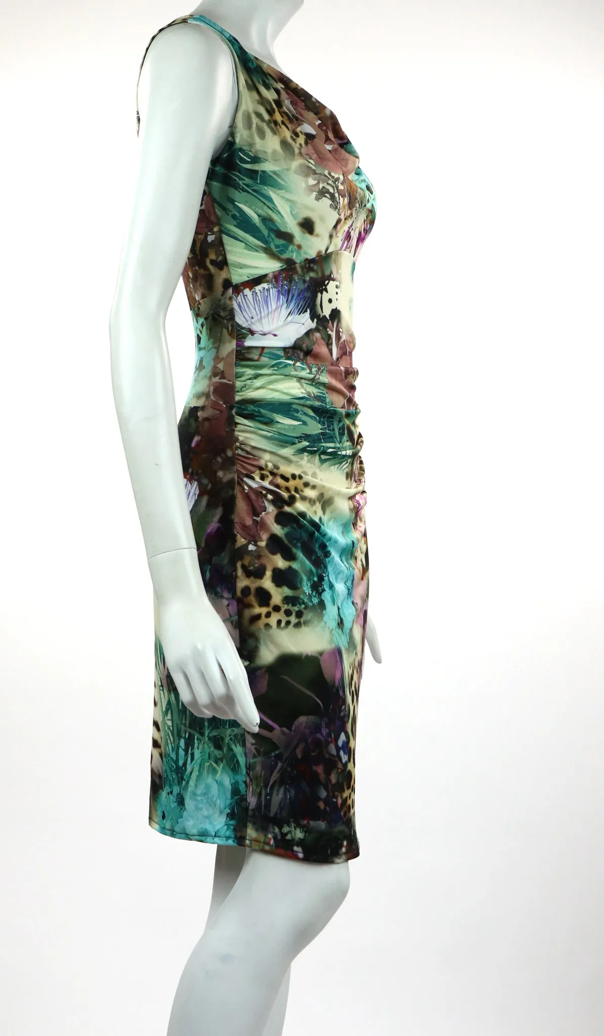 PAOLA Cowl Neck Sleeveless Ruched Knee Length Print Dress