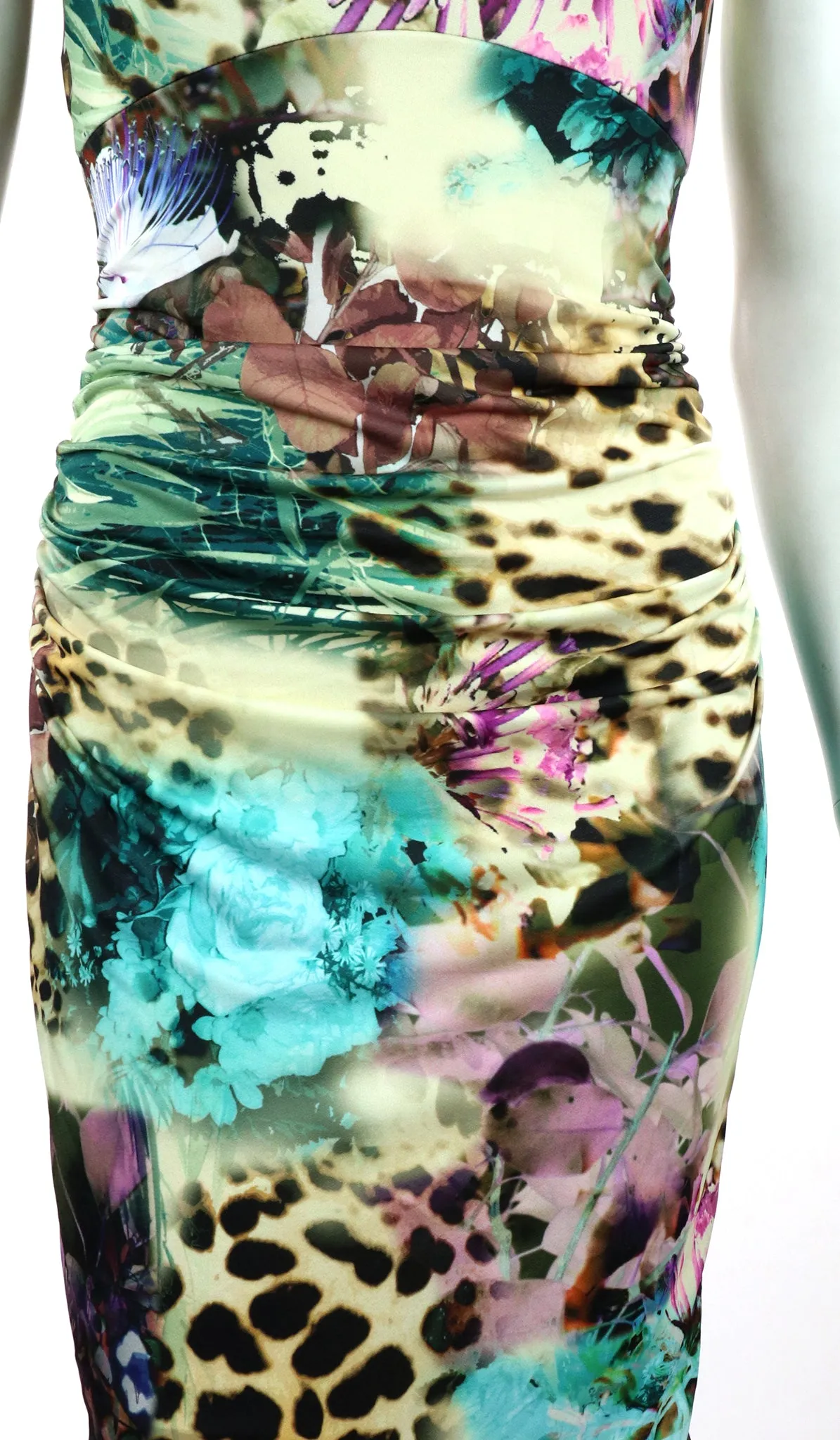 PAOLA Cowl Neck Sleeveless Ruched Knee Length Print Dress