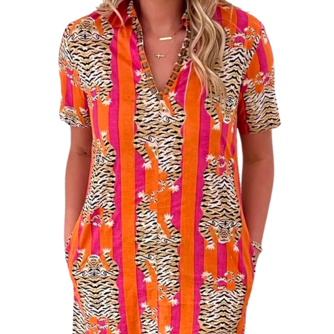 The Carly Short Sleeve Tiger Stripe Dress in Coral