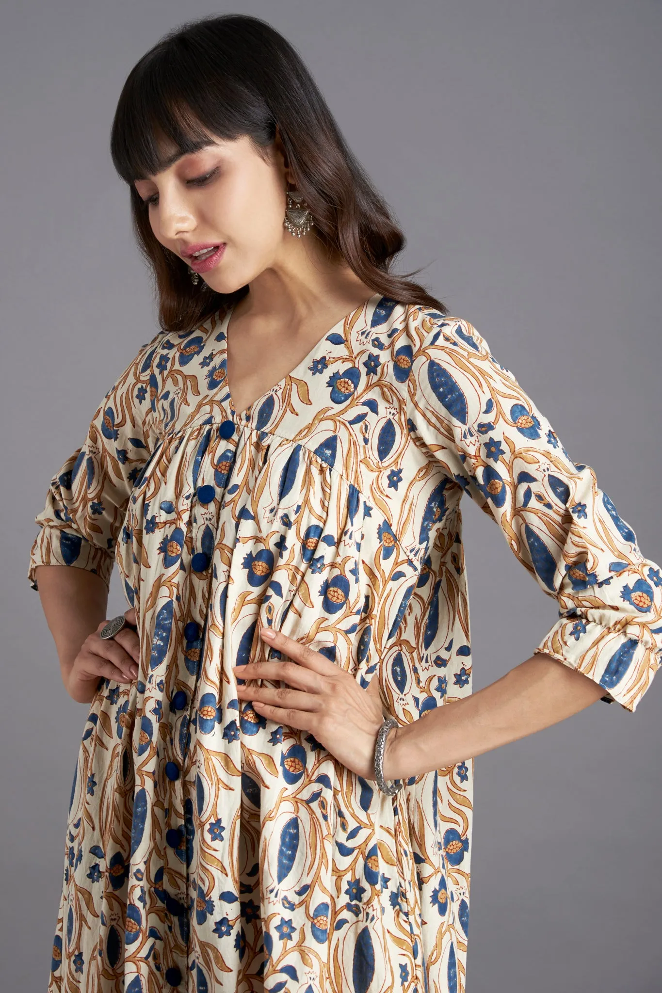 v-neck gather dress - bleached sand & pomegranate garden