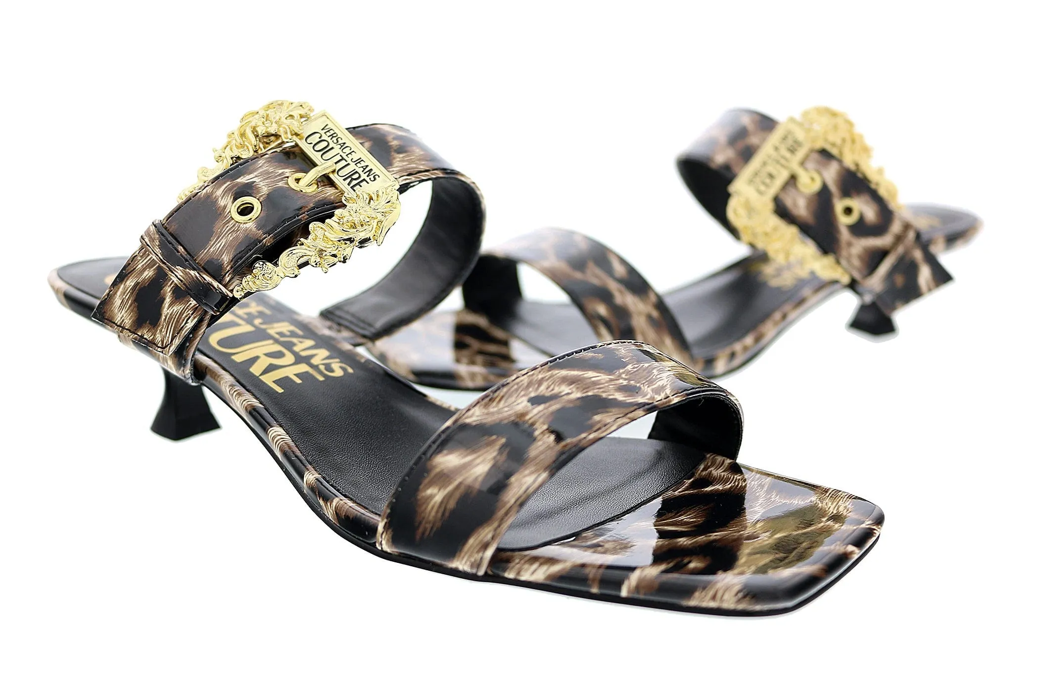 Versace Jeans Couture Beige/Black Kitten Heel Strappy Baroque  Mules