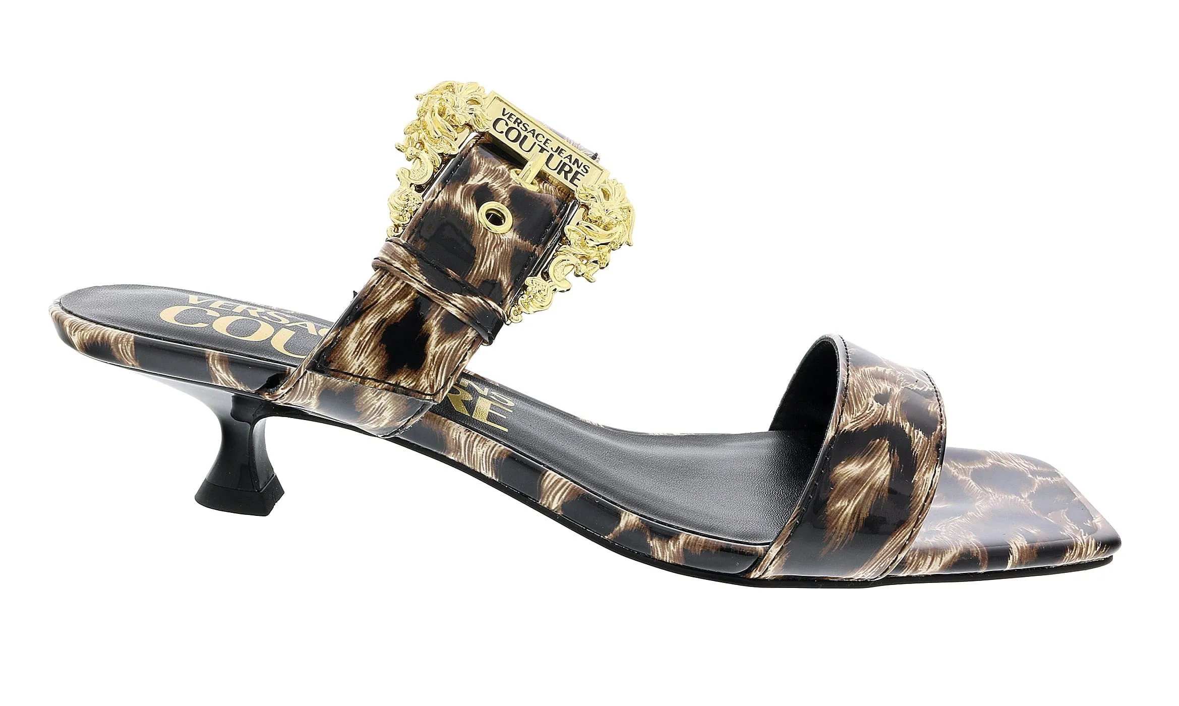 Versace Jeans Couture Beige/Black Kitten Heel Strappy Baroque  Mules