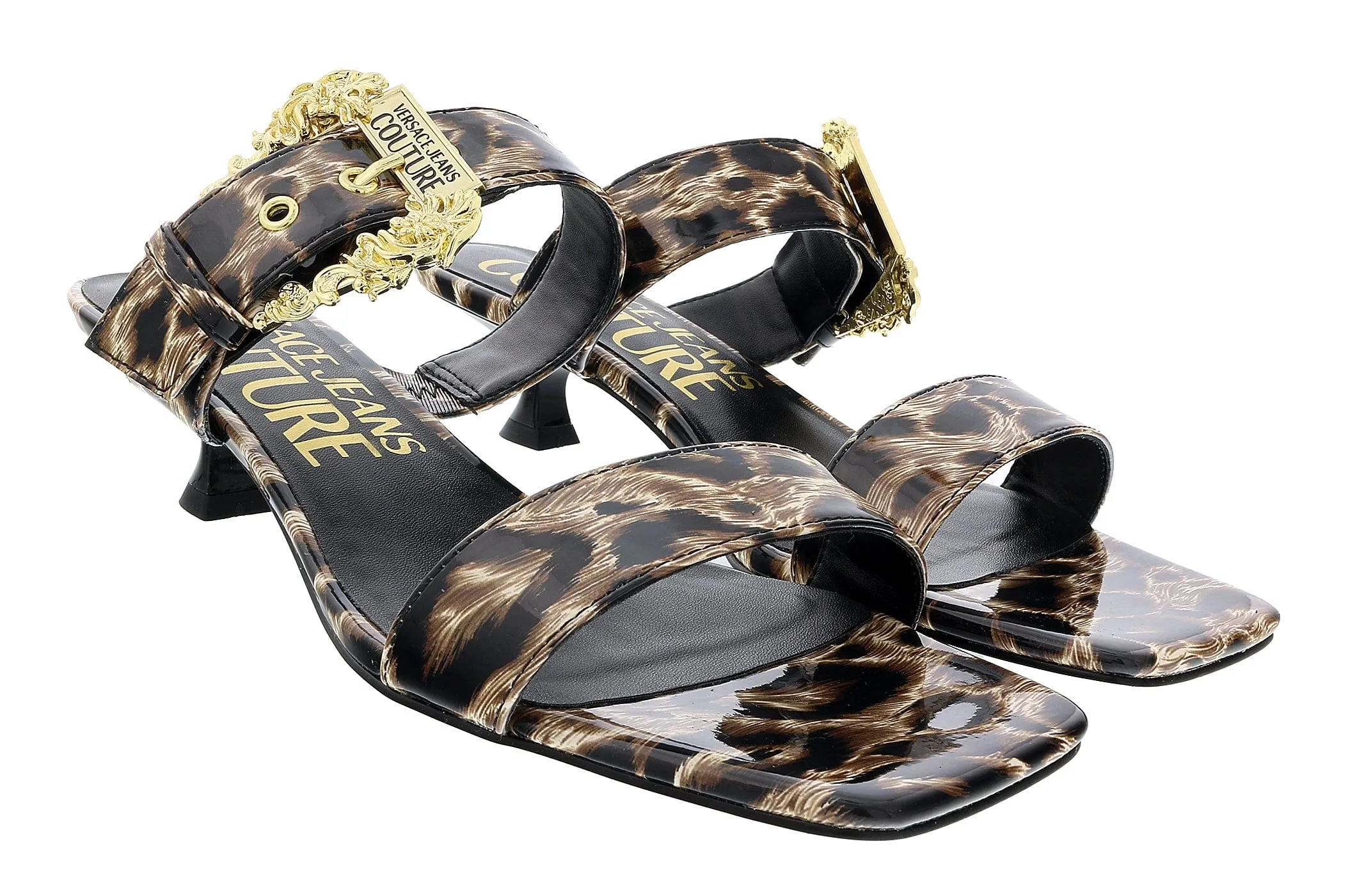 Versace Jeans Couture Beige/Black Kitten Heel Strappy Baroque  Mules